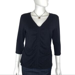 Alfani Stretch  Black Tee Shirt Ruched V-Neck 3/4 Sleeves
